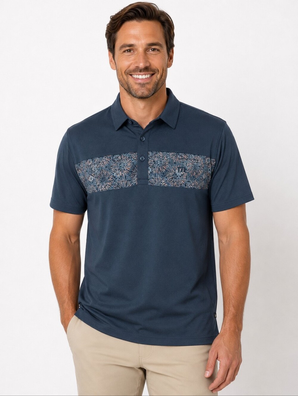 TravisMathew Polo Shirt Mens XL Blue Printed Chest Golf Performance Stretch